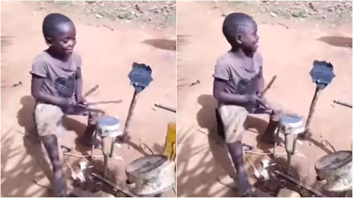 Little boy plays drums made with scrap and empty vessels. Viral video has over 43 million views